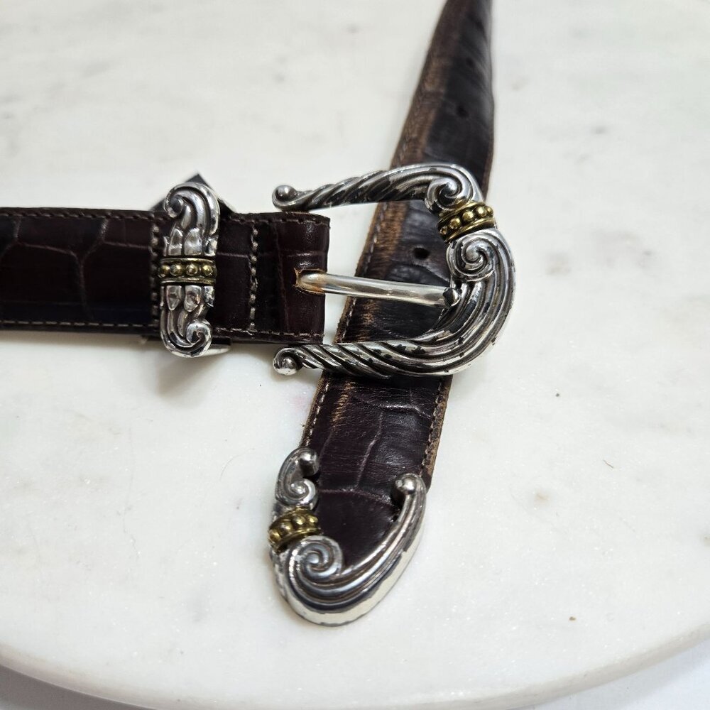 Brighton Belt Womens Large 34 Brown‎ Leather Silver Gold Tone Western Buckle - Picture 2 of 12